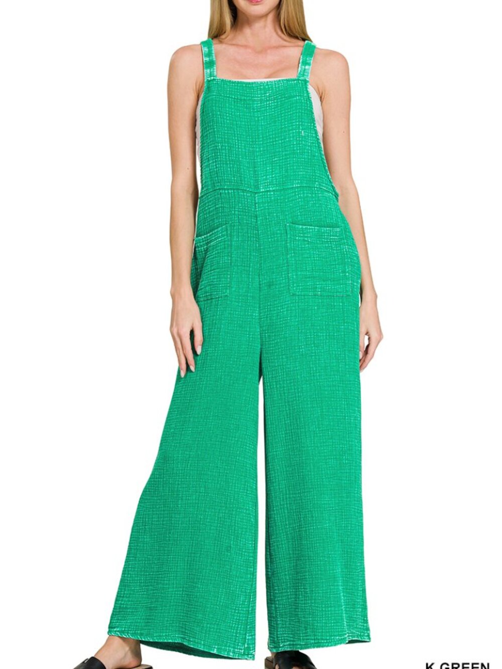 Washed Double Gauze Elastic Waist Wide Overalls in Kelly Green